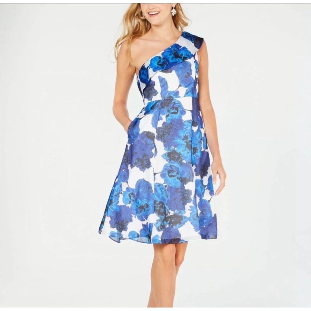 Adrianna Papell floral print one shoulder dress.